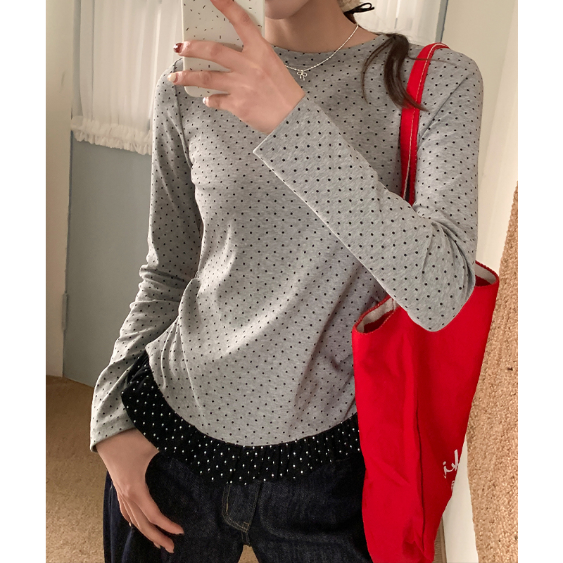 Lace spring splice tops niche polka dot T-shirt for women