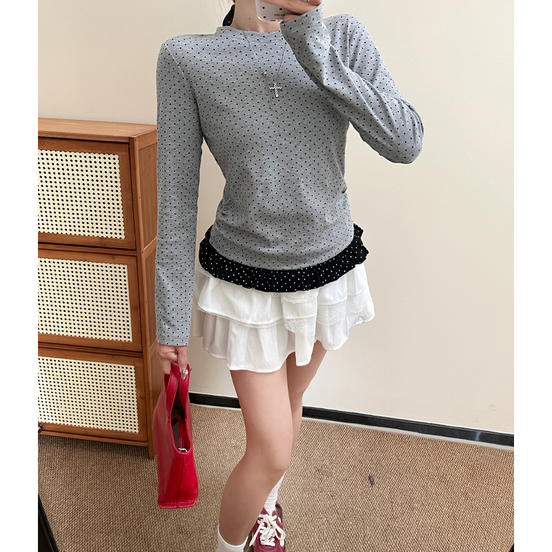 Lace spring splice tops niche polka dot T-shirt for women