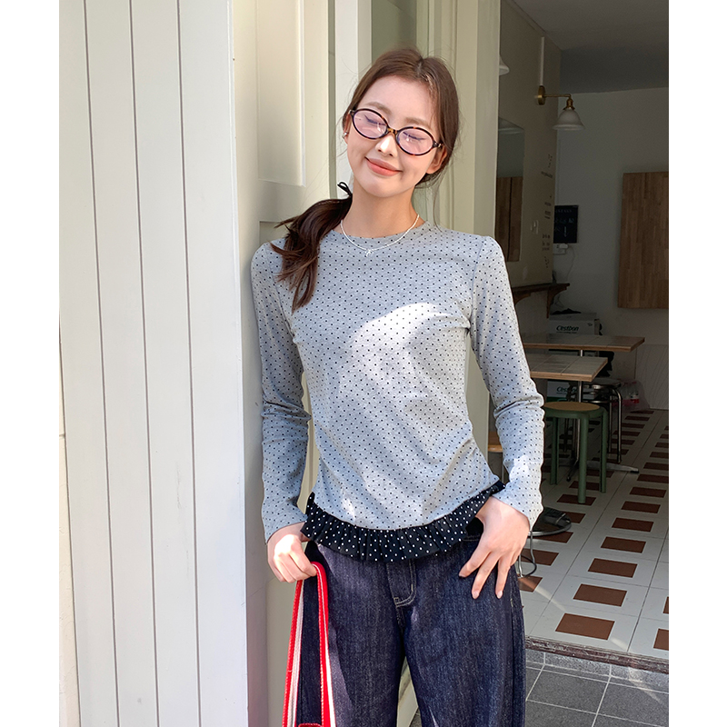 Lace spring splice tops niche polka dot T-shirt for women