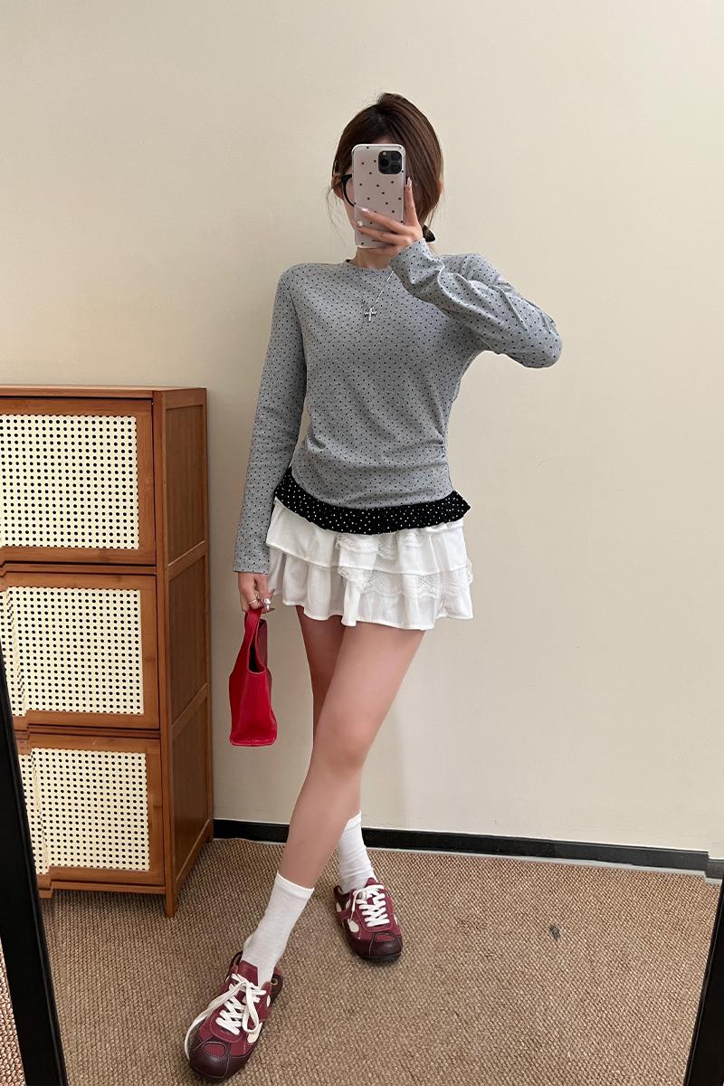 Lace spring splice tops niche polka dot T-shirt for women