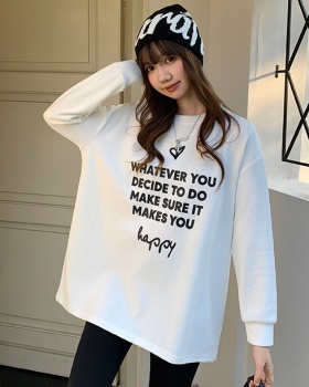 Lined long sleeve round neck tops sueding white T-shirt