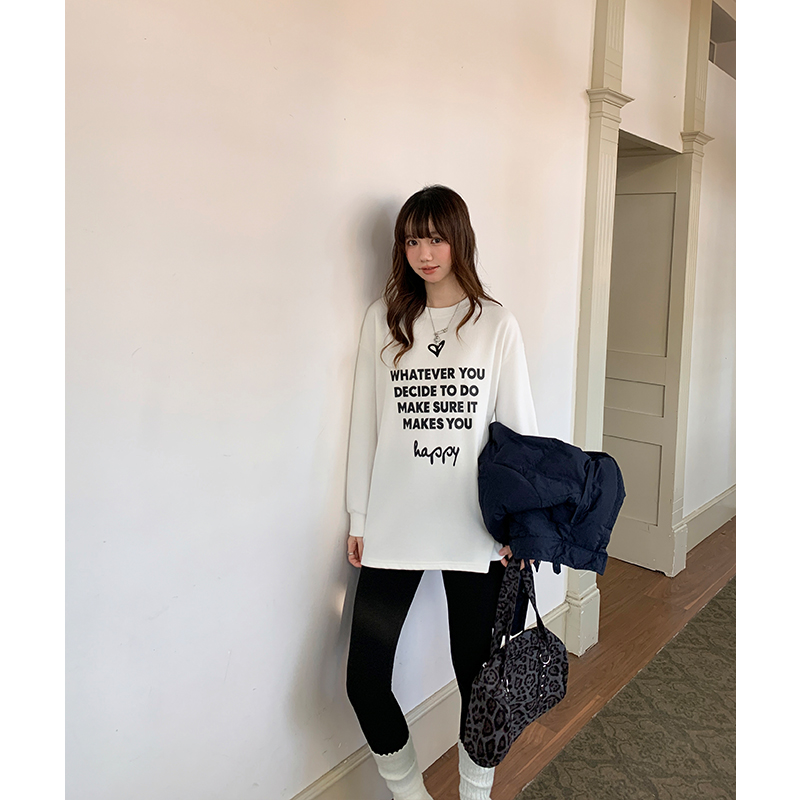Lined long sleeve round neck tops sueding white T-shirt