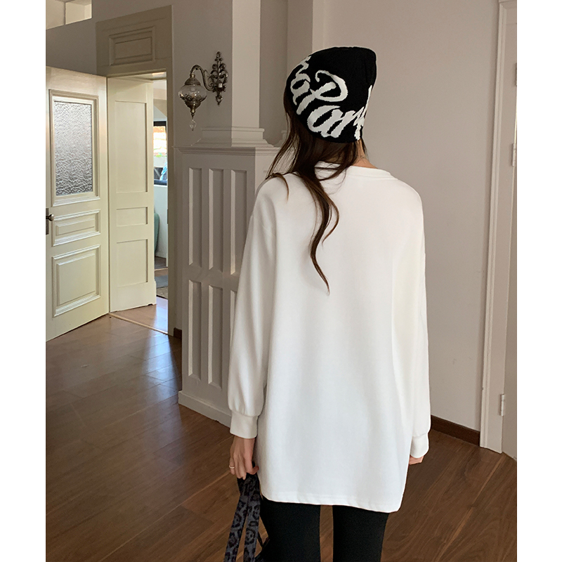 Lined long sleeve round neck tops sueding white T-shirt