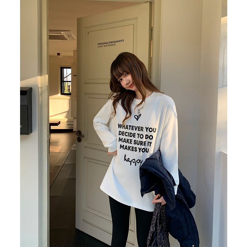 Lined long sleeve round neck tops sueding white T-shirt