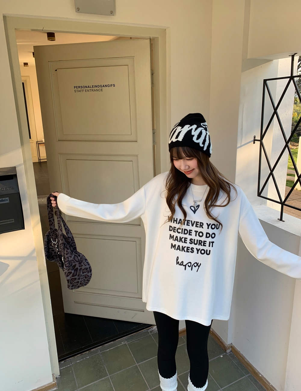 Lined long sleeve round neck tops sueding white T-shirt