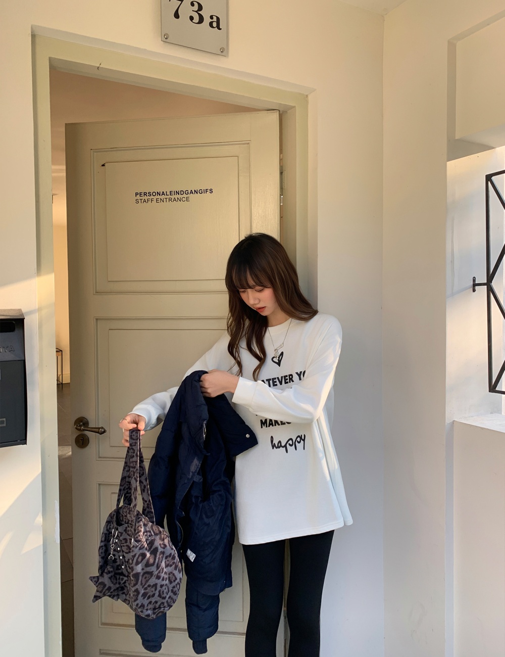 Lined long sleeve round neck tops sueding white T-shirt