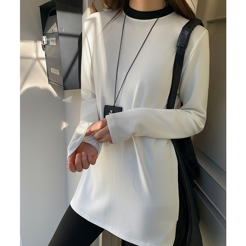 Winter splice T-shirt black-white round neck tops for women
