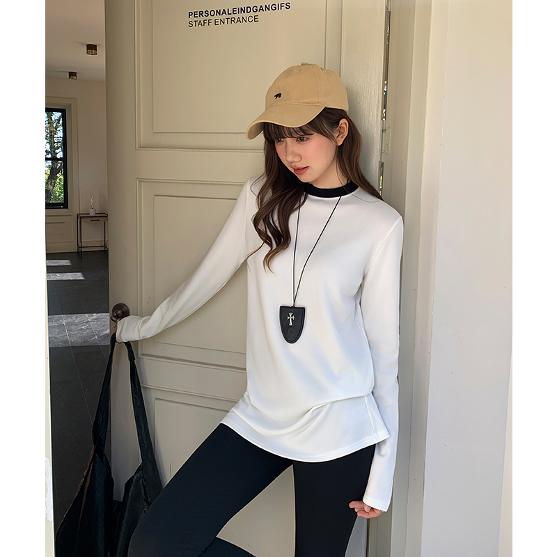 Winter splice T-shirt black-white round neck tops for women