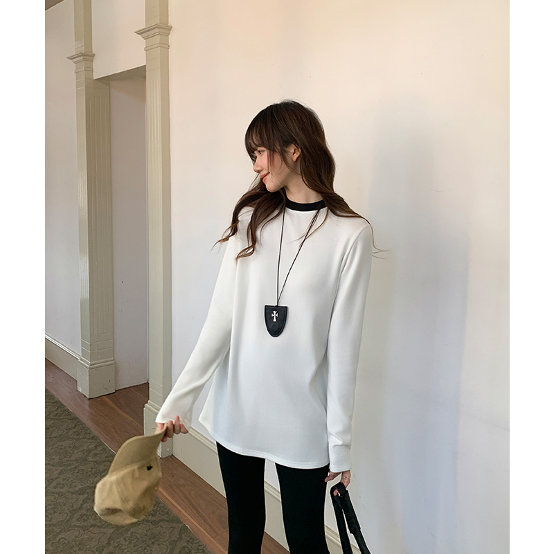 Winter splice T-shirt black-white round neck tops for women