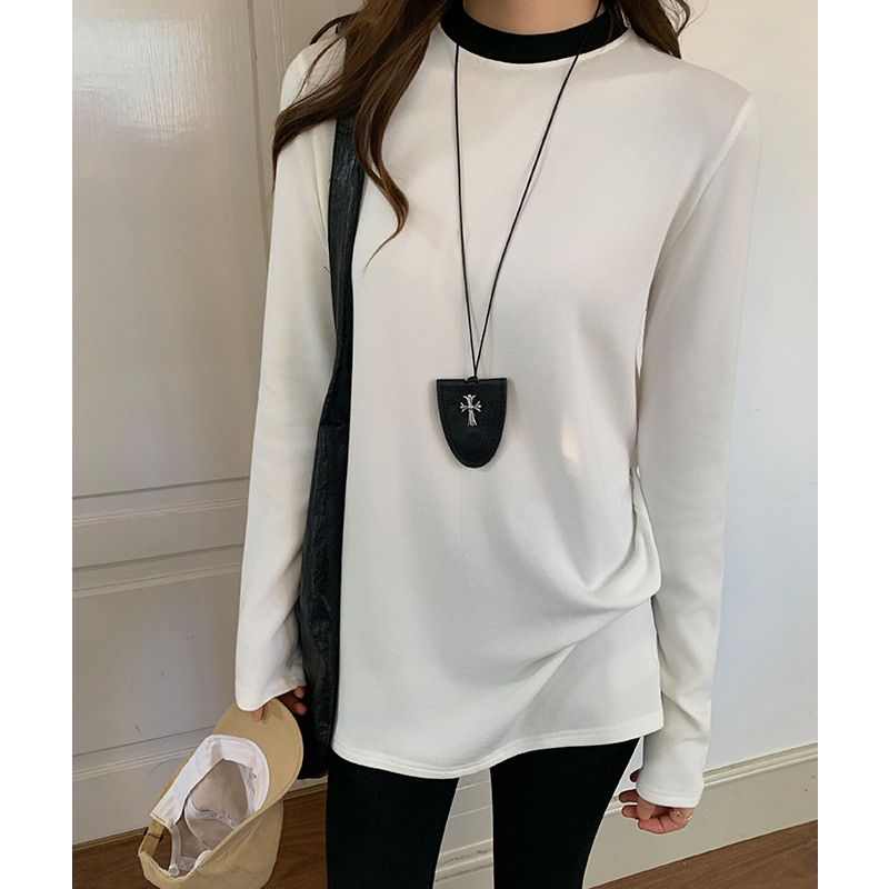 Winter splice T-shirt black-white round neck tops for women