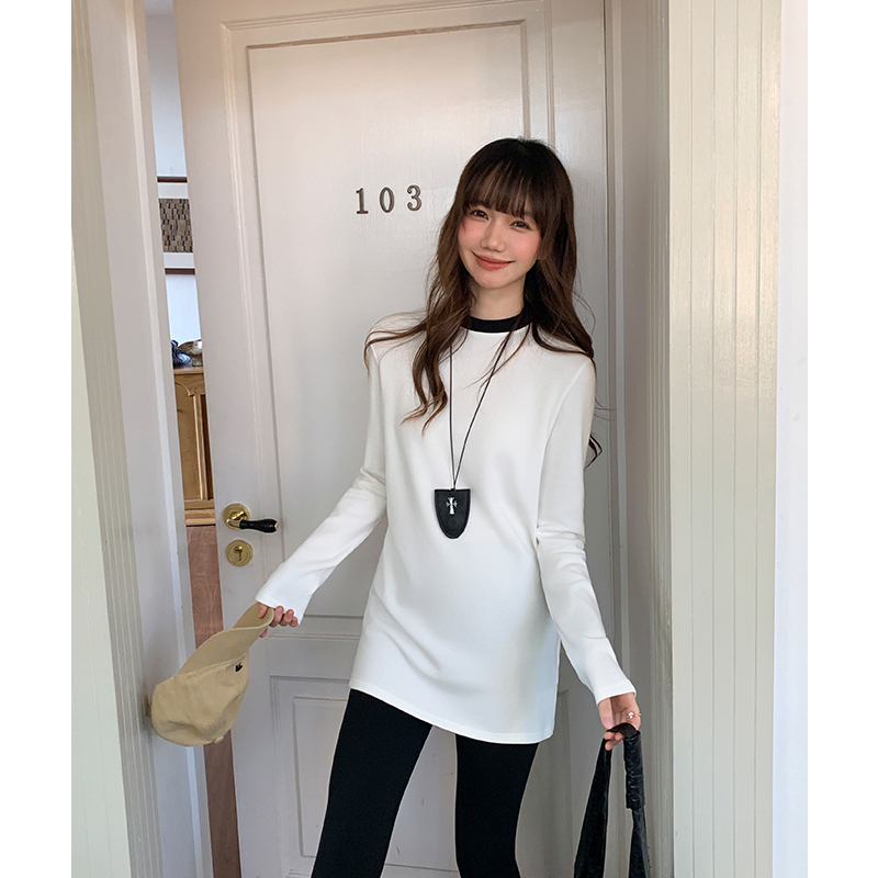 Winter splice T-shirt black-white round neck tops for women