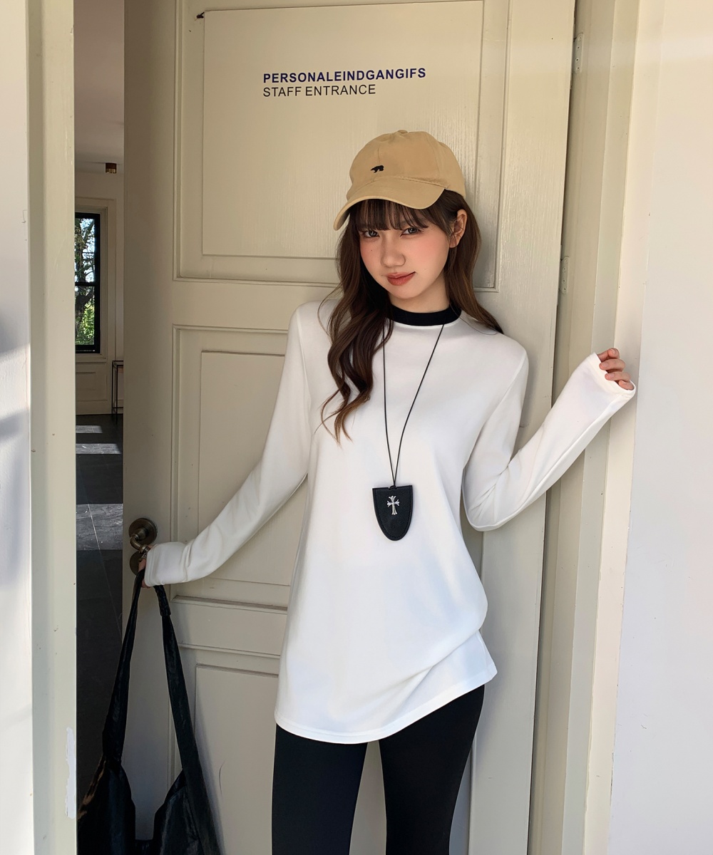 Winter splice T-shirt black-white round neck tops for women