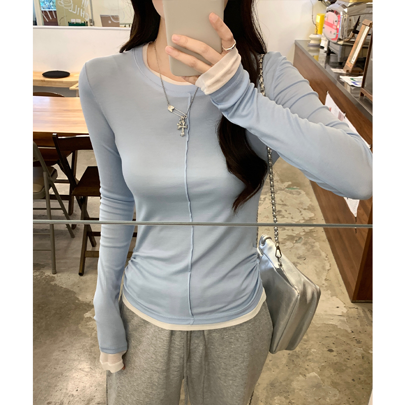 Spring and autumn tops Pseudo-two T-shirt for women