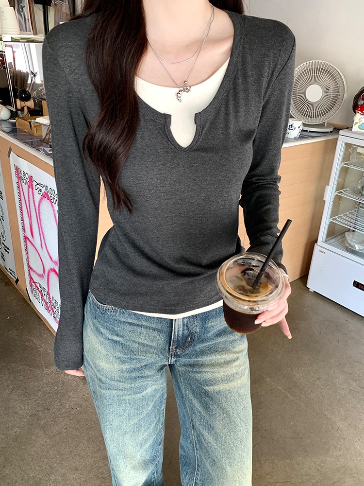 Spring Pseudo-two T-shirt mixed colors tops for women