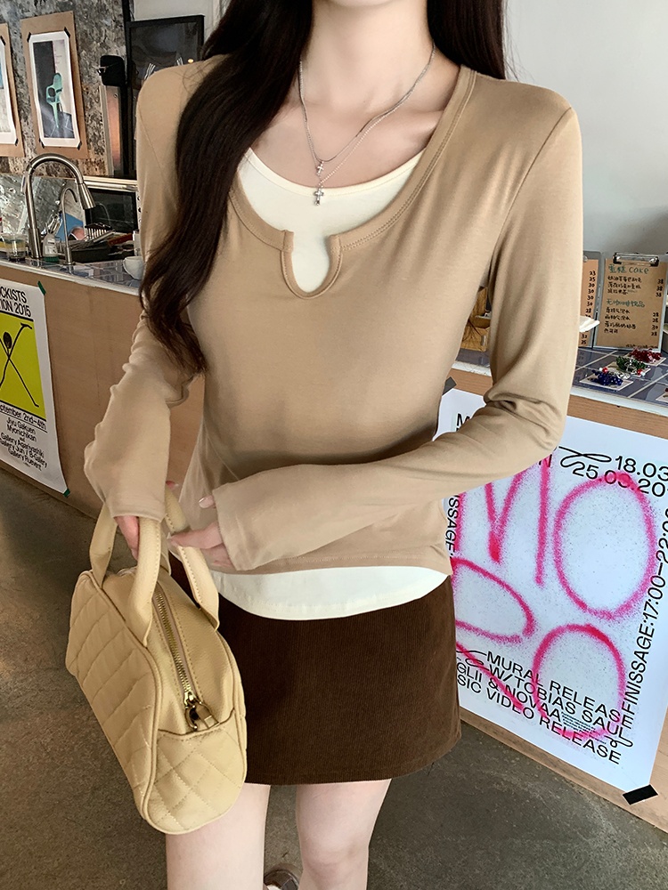 Spring Pseudo-two T-shirt mixed colors tops for women