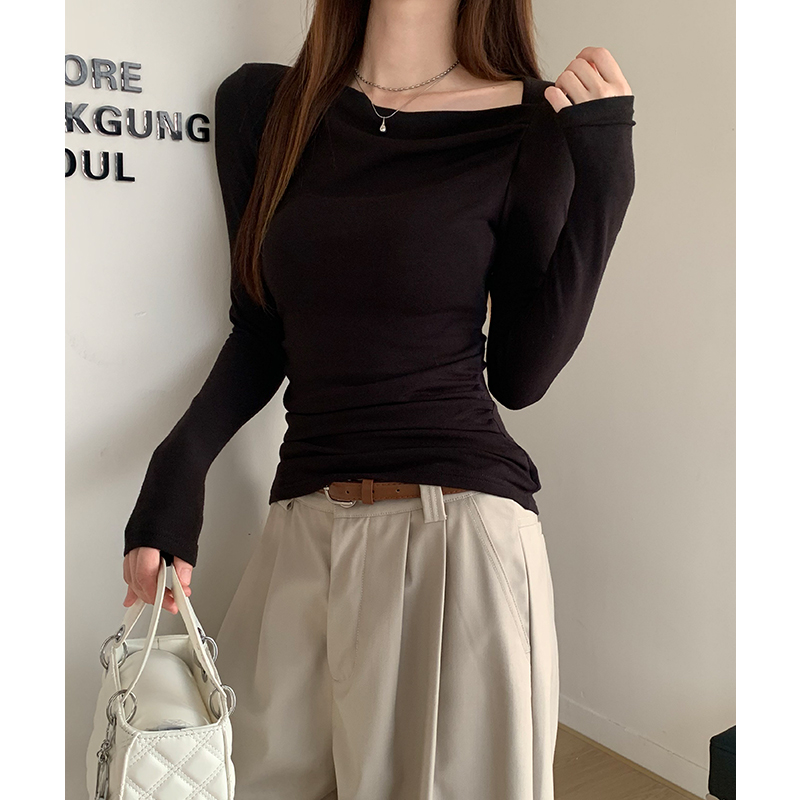 Blue T-shirt France style bottoming shirt for women