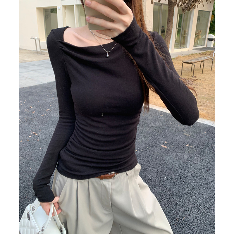 Blue T-shirt France style bottoming shirt for women