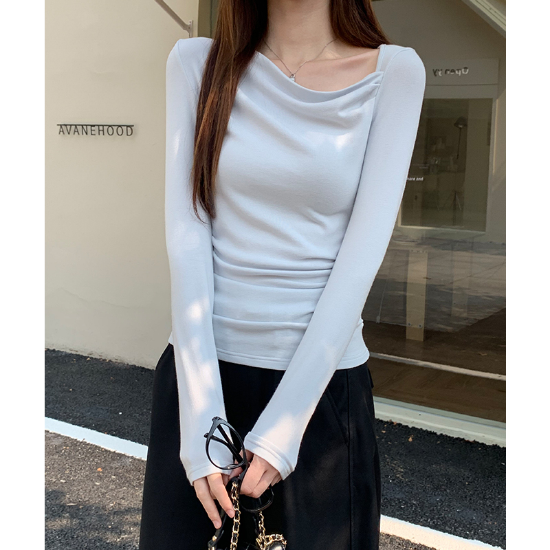 Blue T-shirt France style bottoming shirt for women