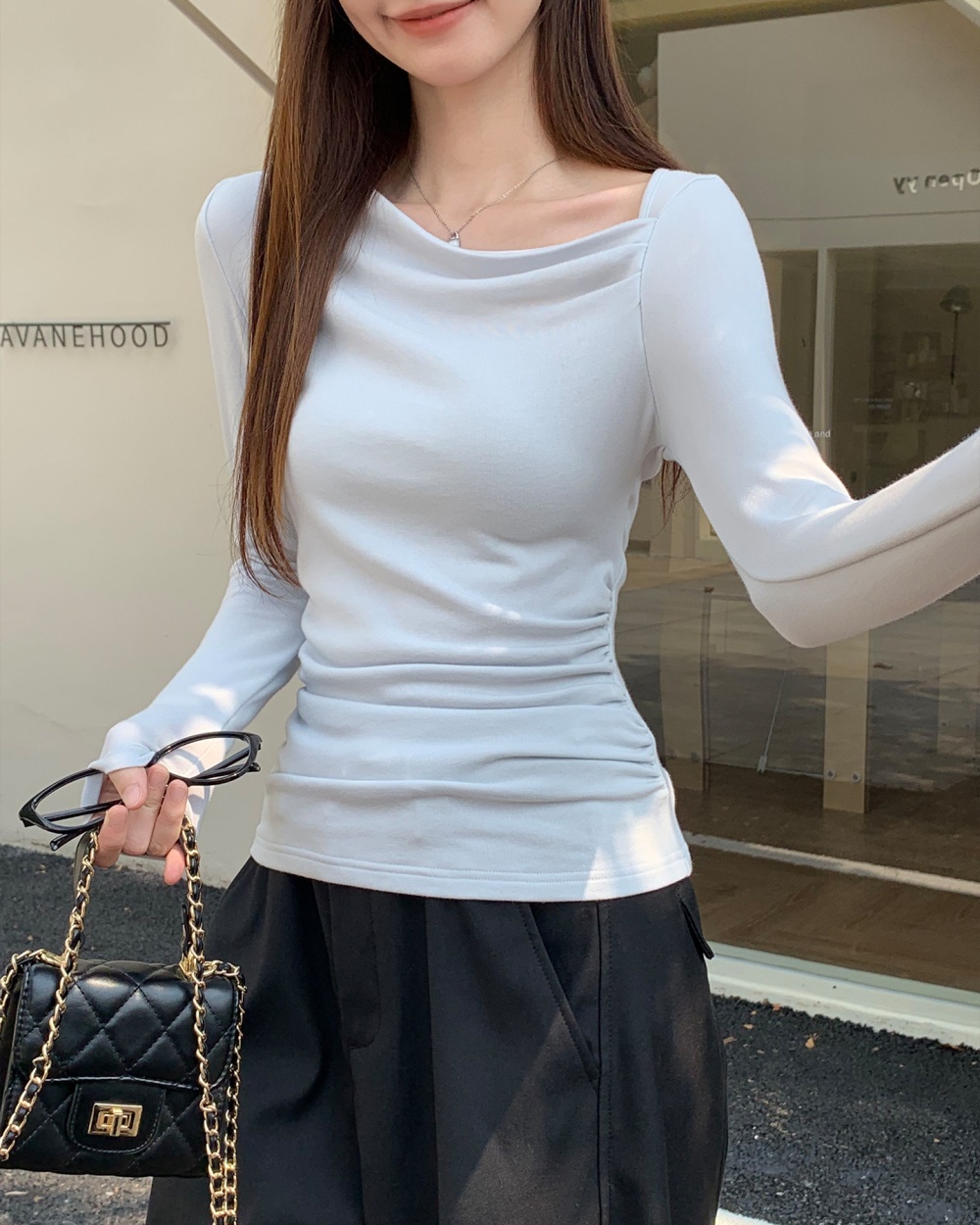 Blue T-shirt France style bottoming shirt for women