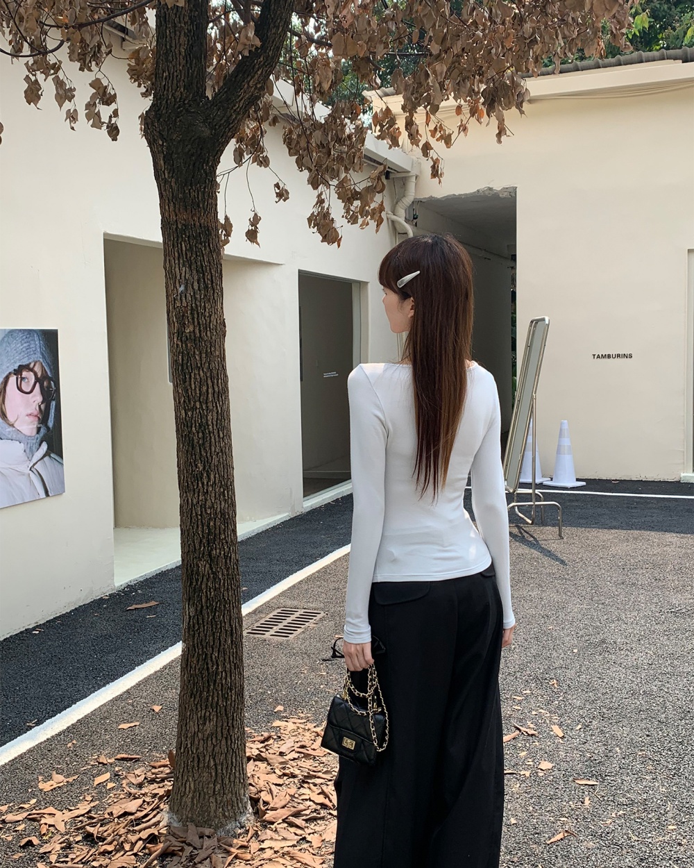 Blue T-shirt France style bottoming shirt for women