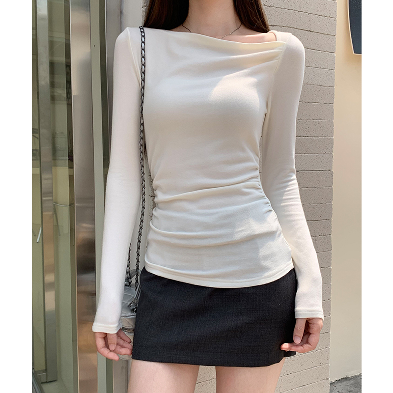 Blue T-shirt France style bottoming shirt for women