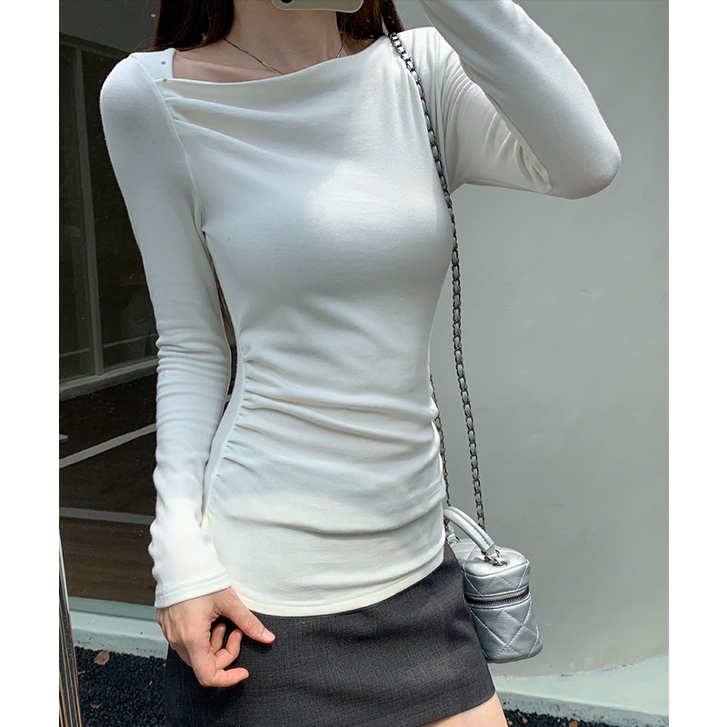 Blue T-shirt France style bottoming shirt for women