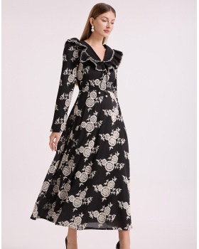 Hollow long lotus leaf collar embroidery pinched waist dress