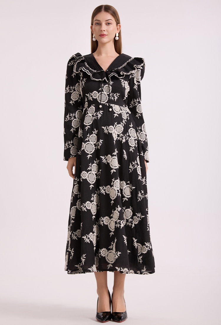 Hollow long lotus leaf collar embroidery pinched waist dress
