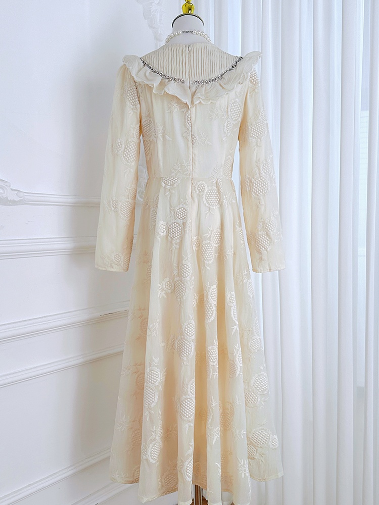Hollow long lotus leaf collar embroidery pinched waist dress