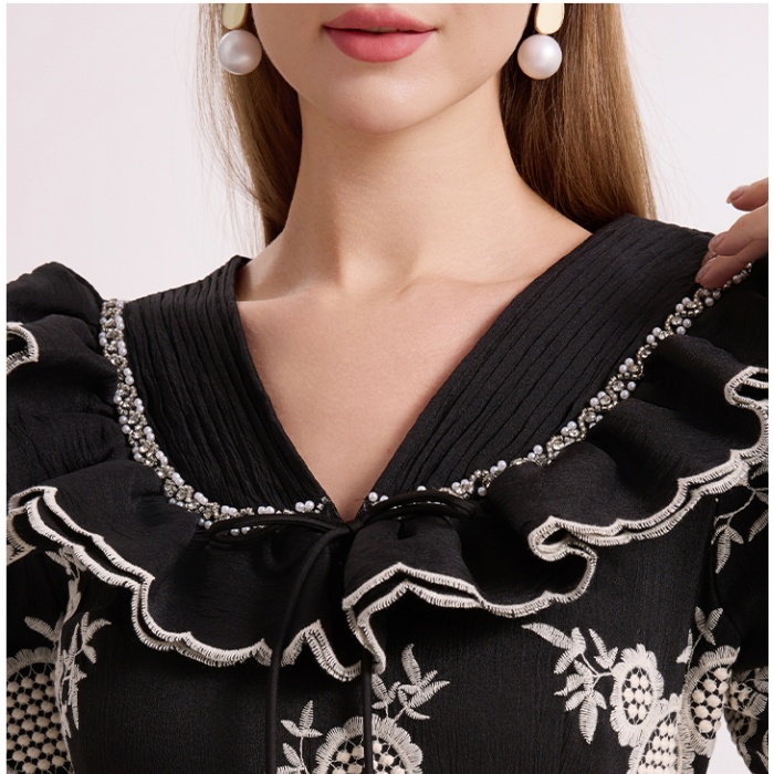 Hollow long lotus leaf collar embroidery pinched waist dress