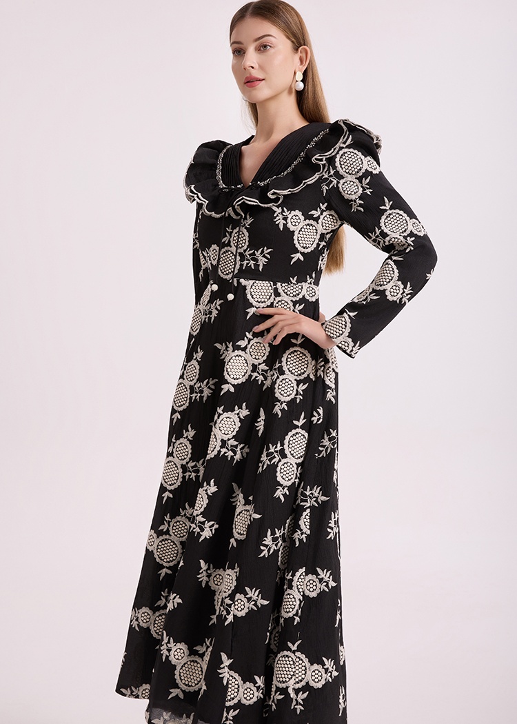 Hollow long lotus leaf collar embroidery pinched waist dress