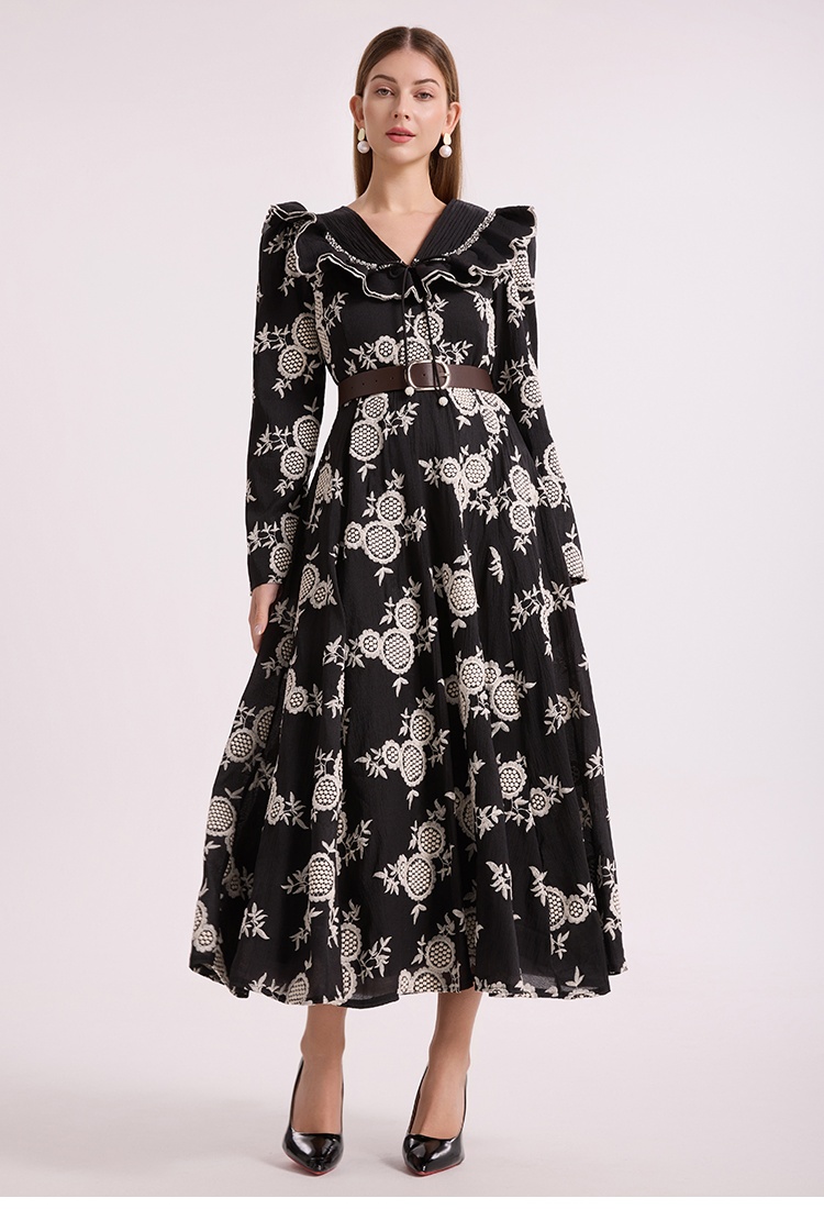 Hollow long lotus leaf collar embroidery pinched waist dress