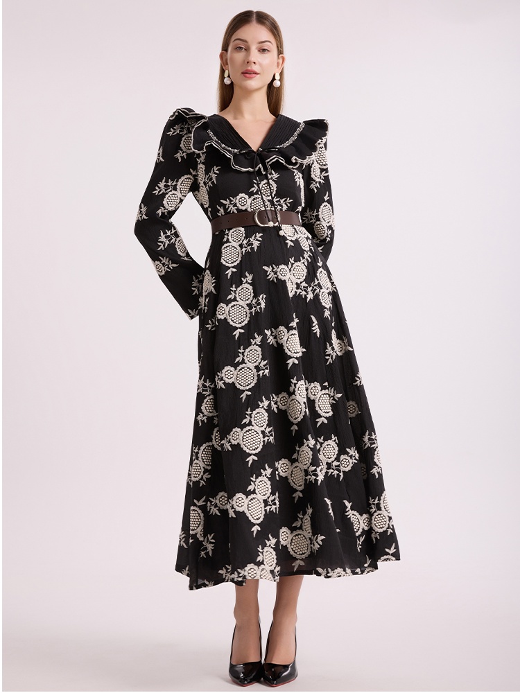 Hollow long lotus leaf collar embroidery pinched waist dress