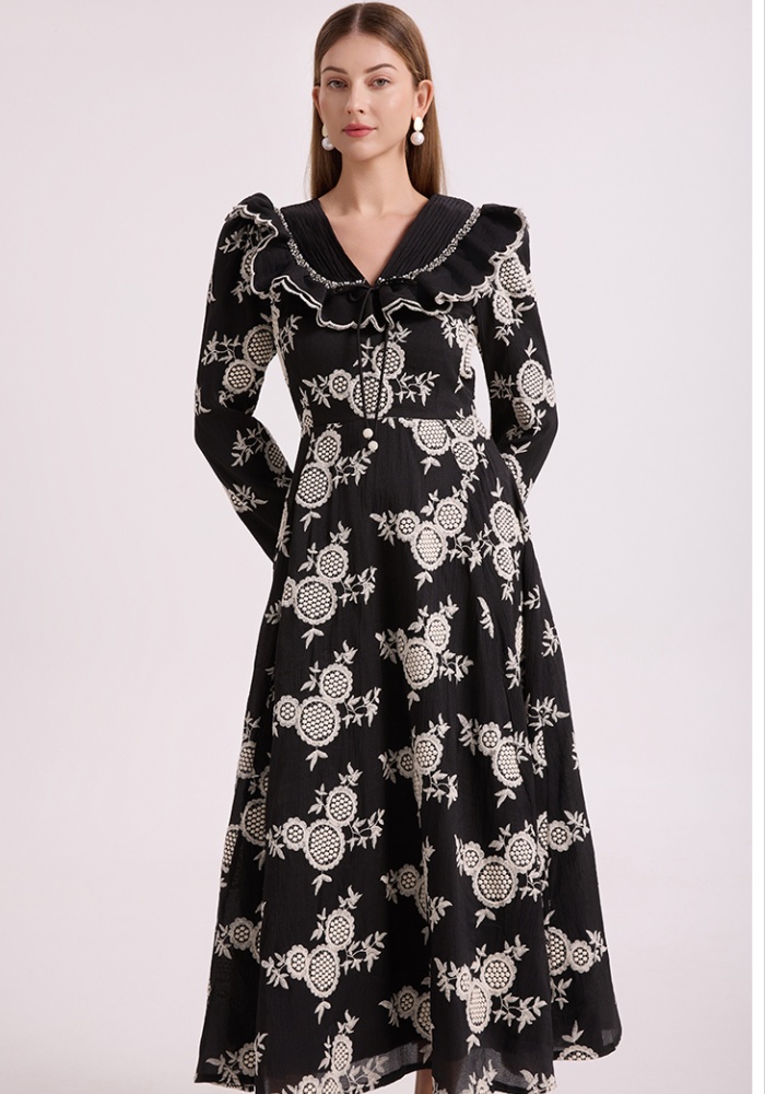 Hollow long lotus leaf collar embroidery pinched waist dress