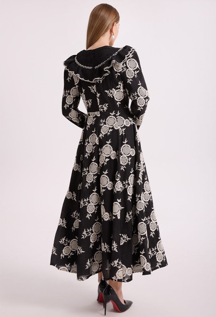 Hollow long lotus leaf collar embroidery pinched waist dress