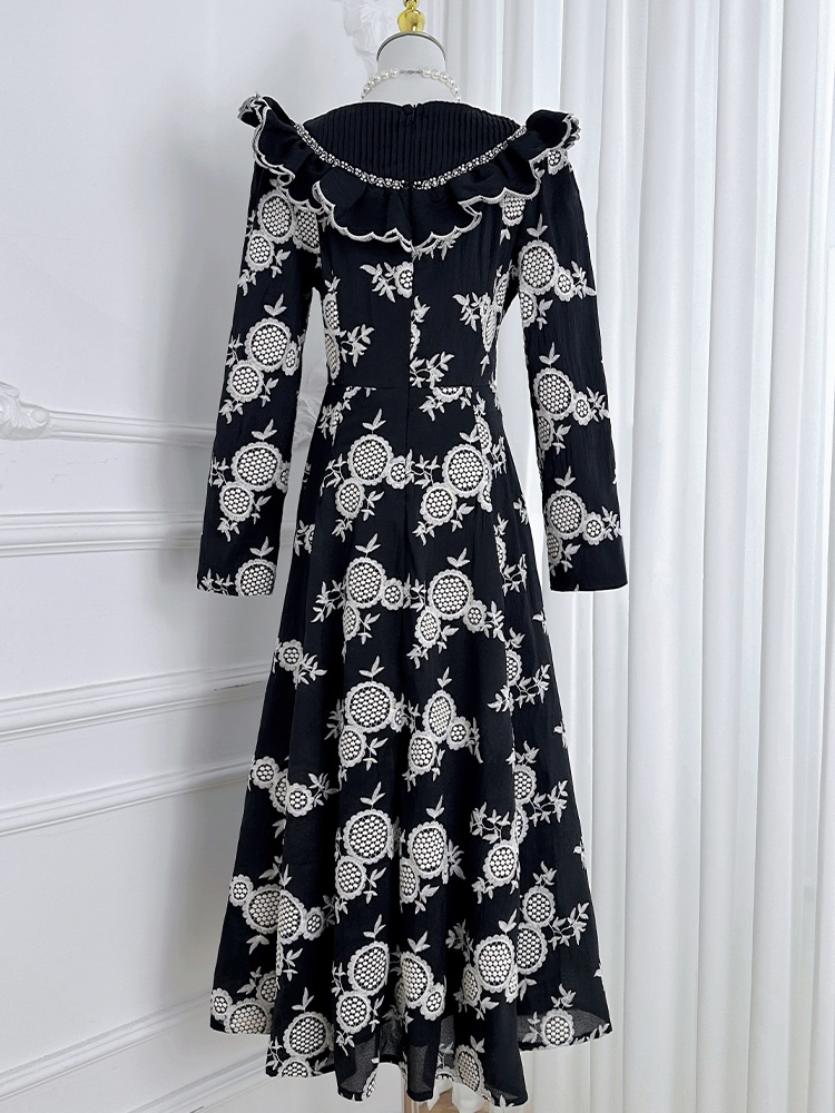 Hollow long lotus leaf collar embroidery pinched waist dress