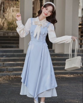 Splice pinched waist shirt bandage strap dress 2pcs set