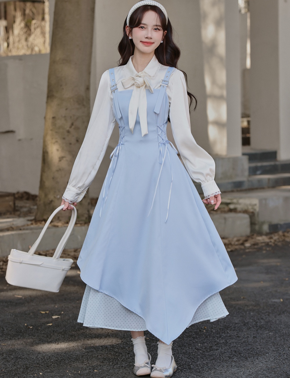 Splice pinched waist shirt bandage strap dress 2pcs set