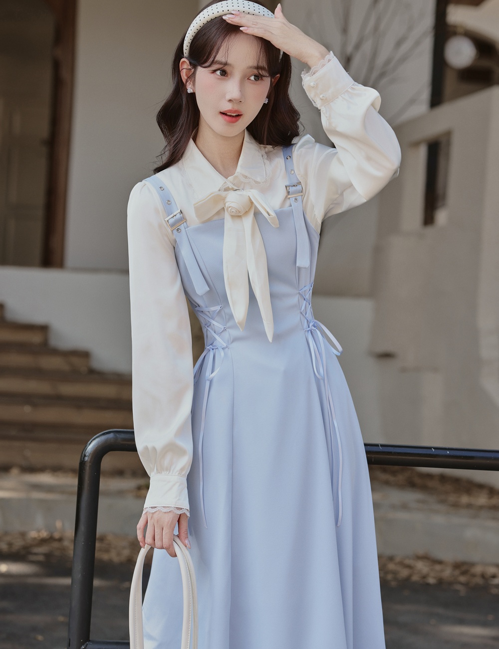 Splice pinched waist shirt bandage strap dress 2pcs set