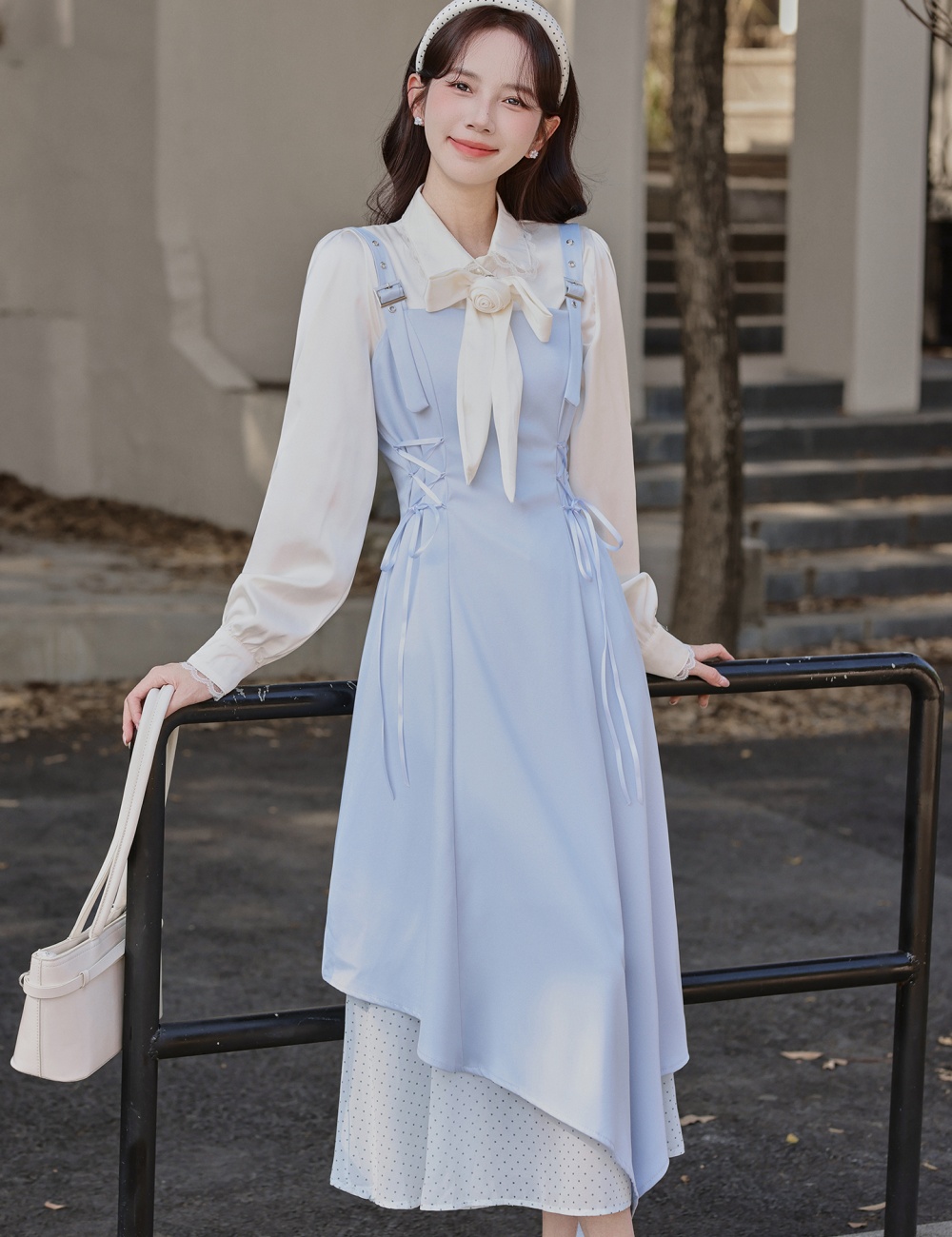 Splice pinched waist shirt bandage strap dress 2pcs set