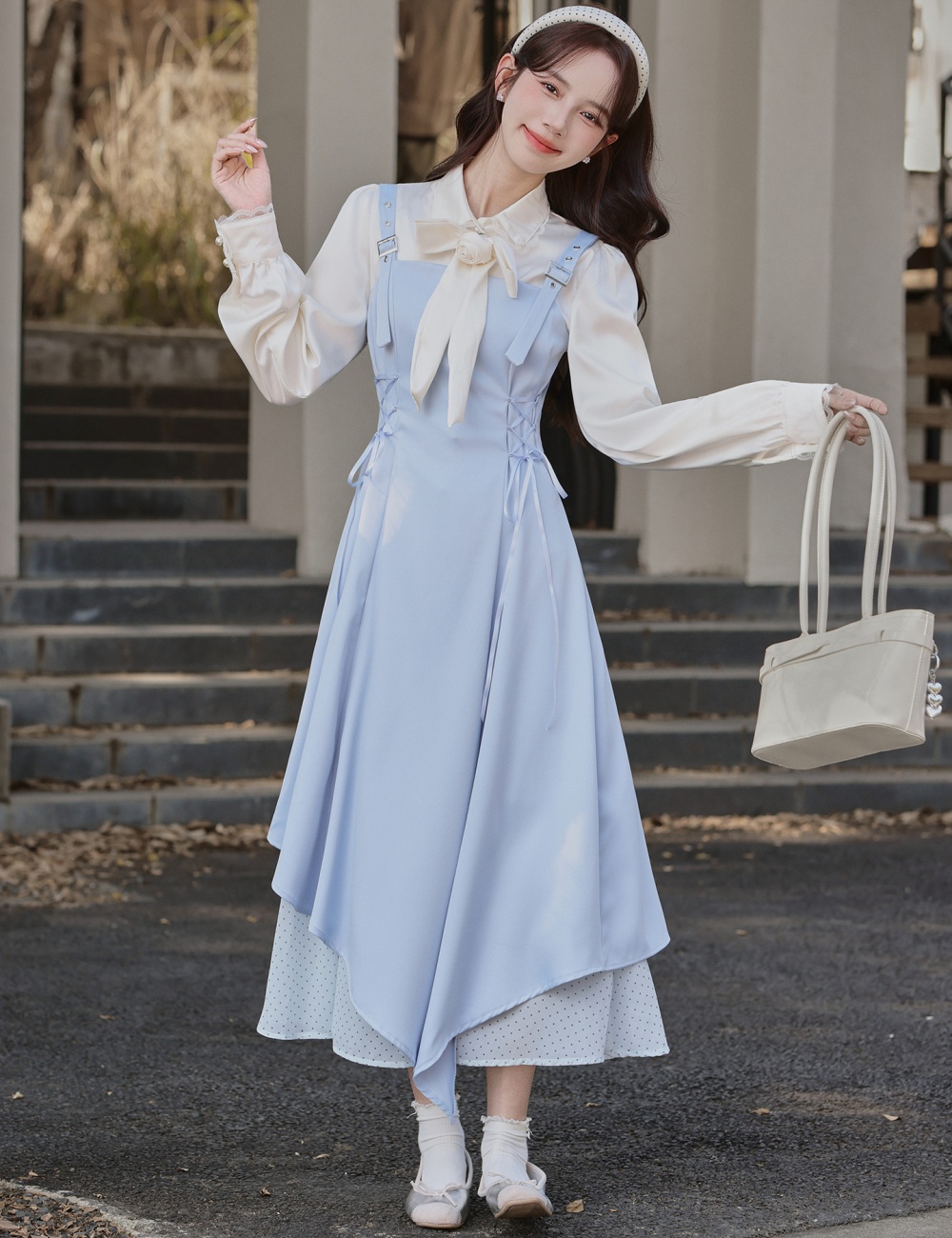 Splice pinched waist shirt bandage strap dress 2pcs set