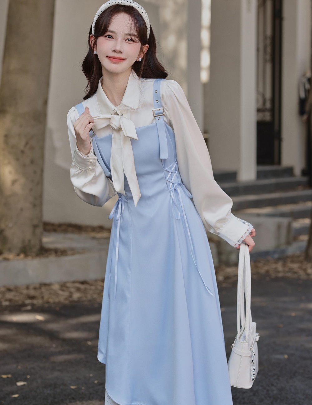 Splice pinched waist shirt bandage strap dress 2pcs set