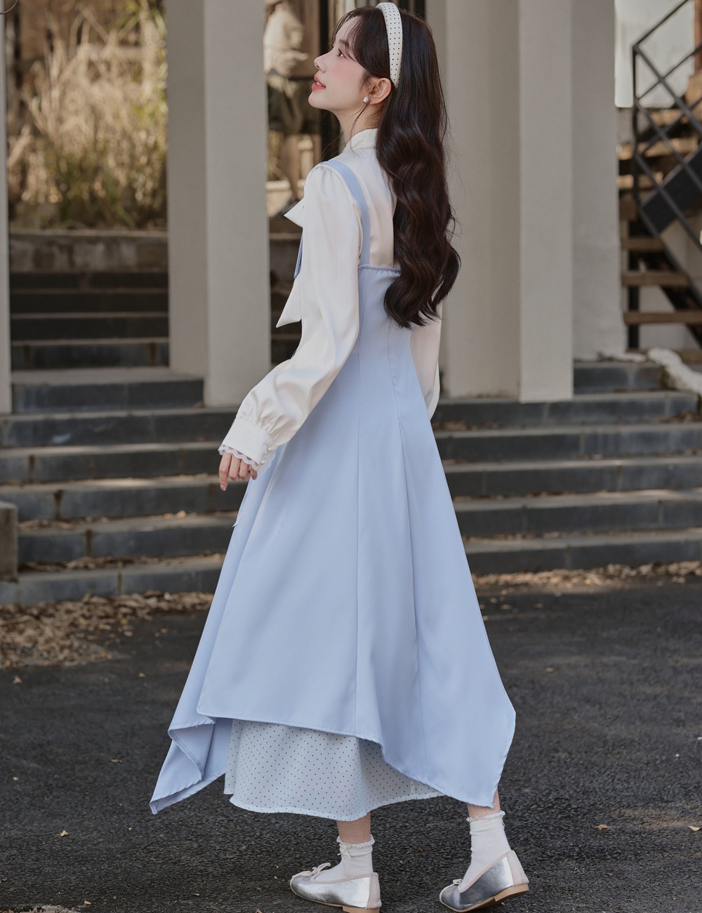 Splice pinched waist shirt bandage strap dress 2pcs set