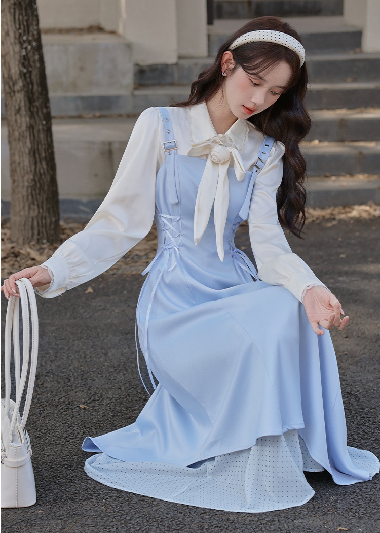 Splice pinched waist shirt bandage strap dress 2pcs set