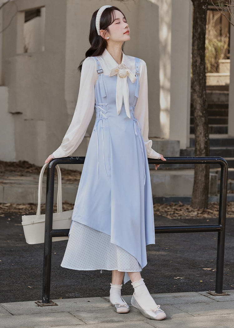 Splice pinched waist shirt bandage strap dress 2pcs set