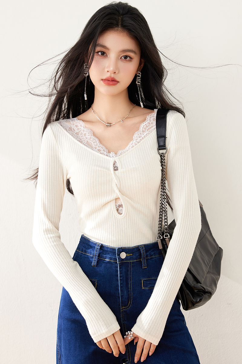 Short long sleeve T-shirt lace tops