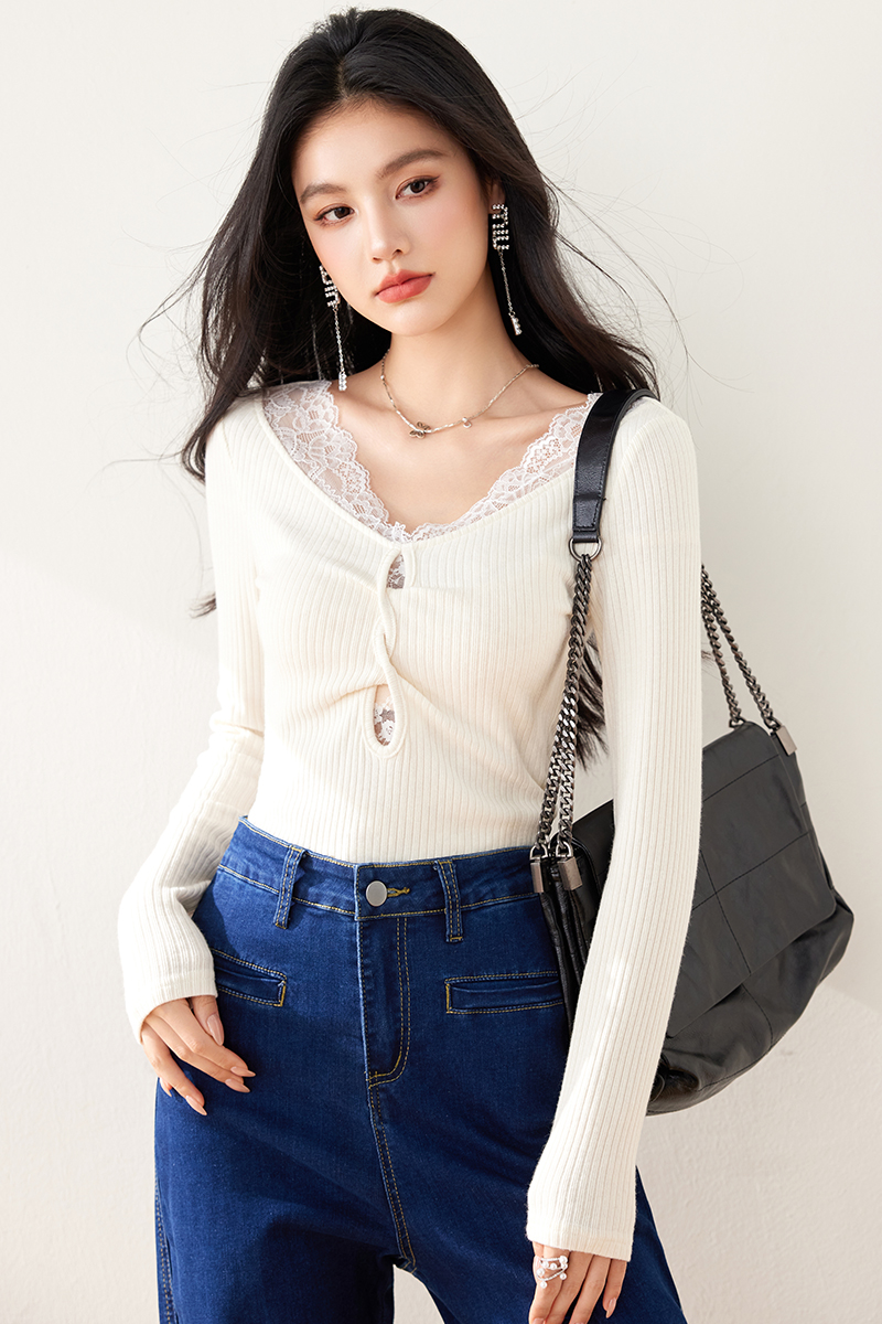 Short long sleeve T-shirt lace tops