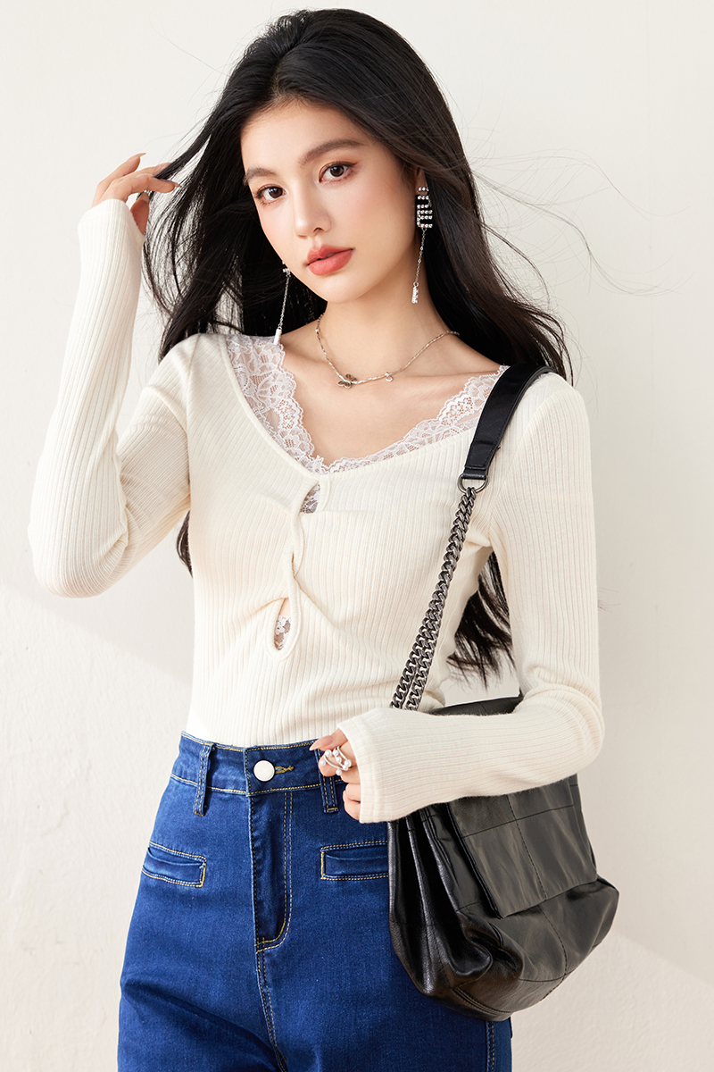 Short long sleeve T-shirt lace tops