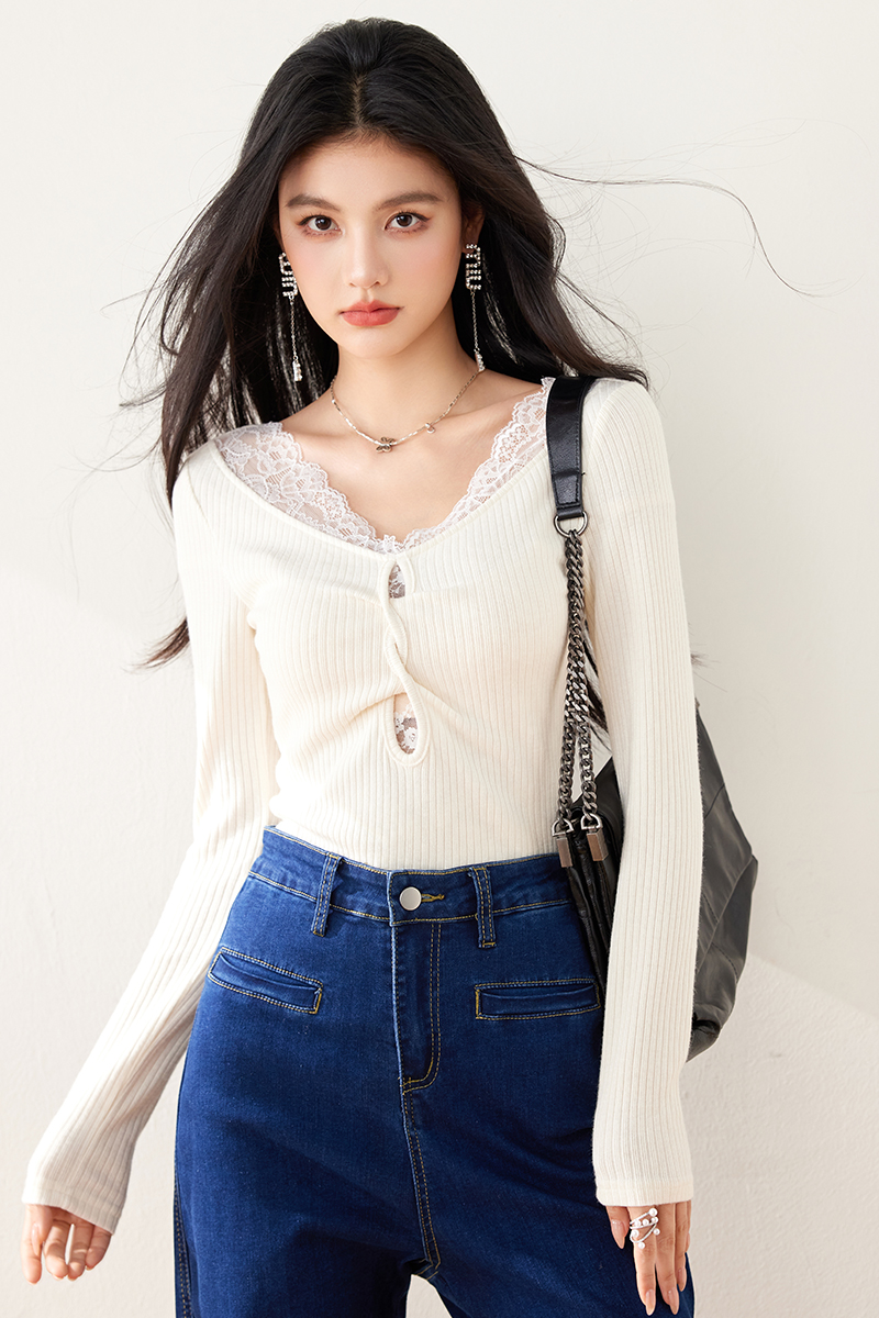 Short long sleeve T-shirt lace tops