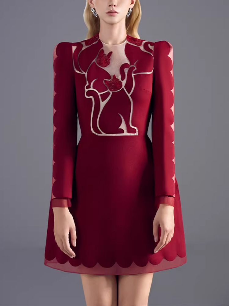 Grace temperament red pinched waist kitty dress